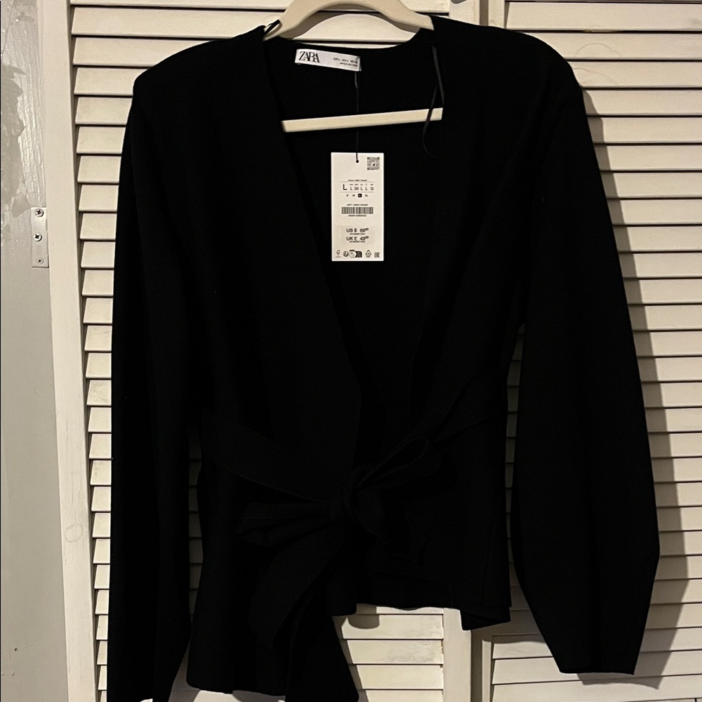 Zara Black Knit Wrap Cardigan Sweater with Tie Waist - Size Large - NWT